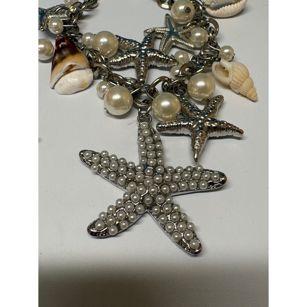 Nautical Starfish Shell Pearl Charm Bracelet and Starfish Dangle Earrings Set - Picture 6 of 9